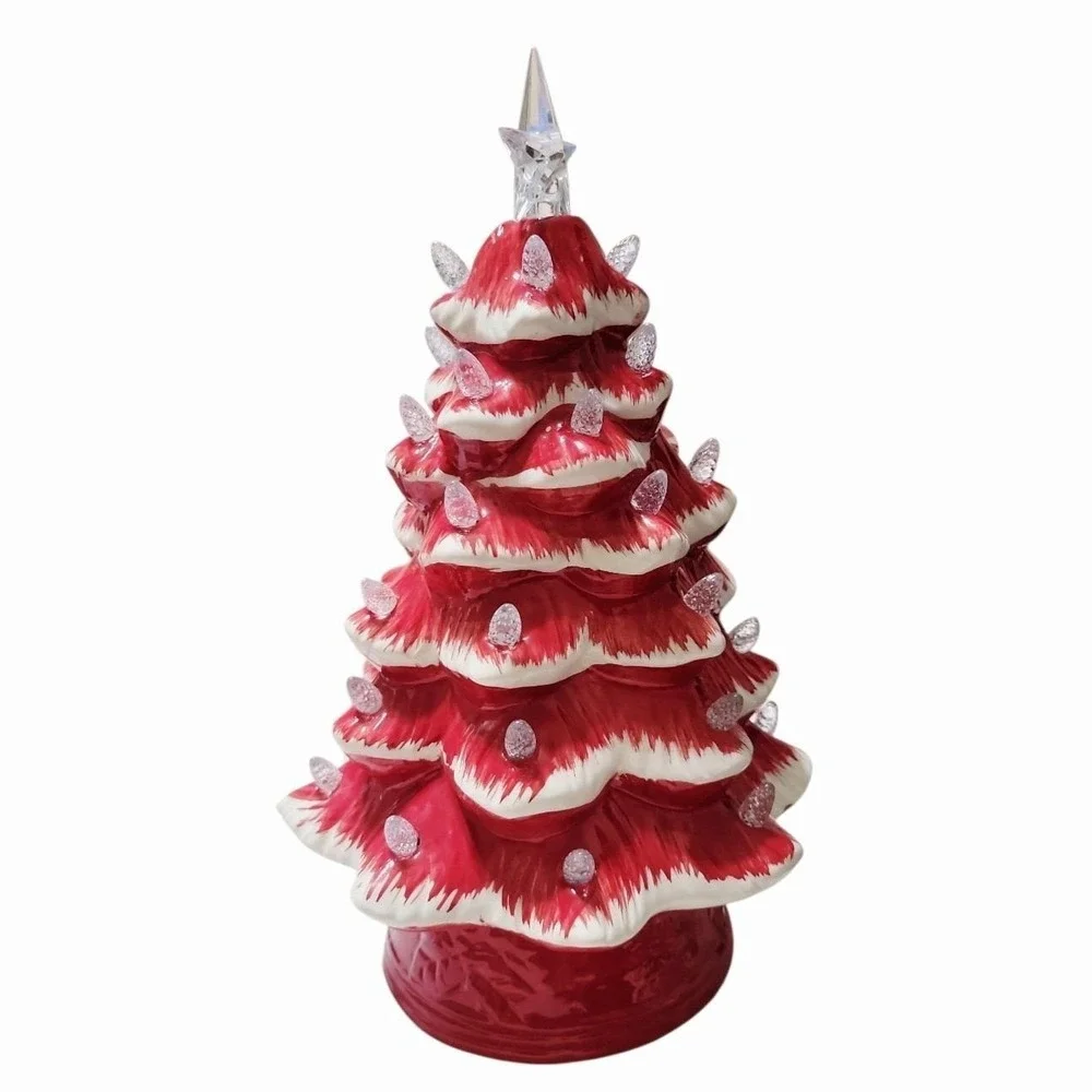 Red White Ceramic Light Up Christmas Tree Clear Star Topper Battery Timer Model